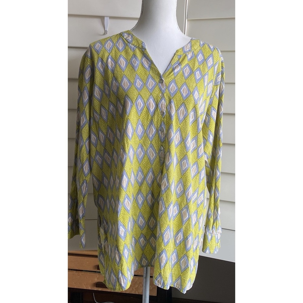 Rock Flower Paper‎ Boho Tunic Top Women XL Chartreuse Green Ikat  3/4 Sleeve